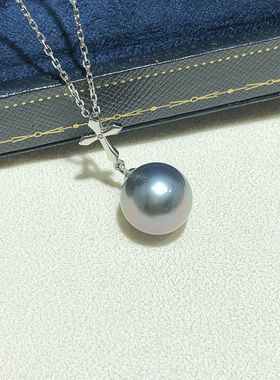 18k高级铂金银灰色海水珍珠吊坠冷光天然海水大溪地南洋福林珍珠