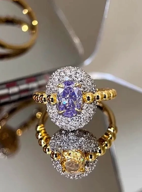 意大利工艺中古纯银S925轻奢高级感爆闪高碳钻百搭冰花切紫色戒指