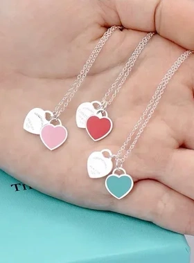 红心双心形项链蓝色滴油爱心925纯银锁骨链亿百嘉珐琅T家女吊坠