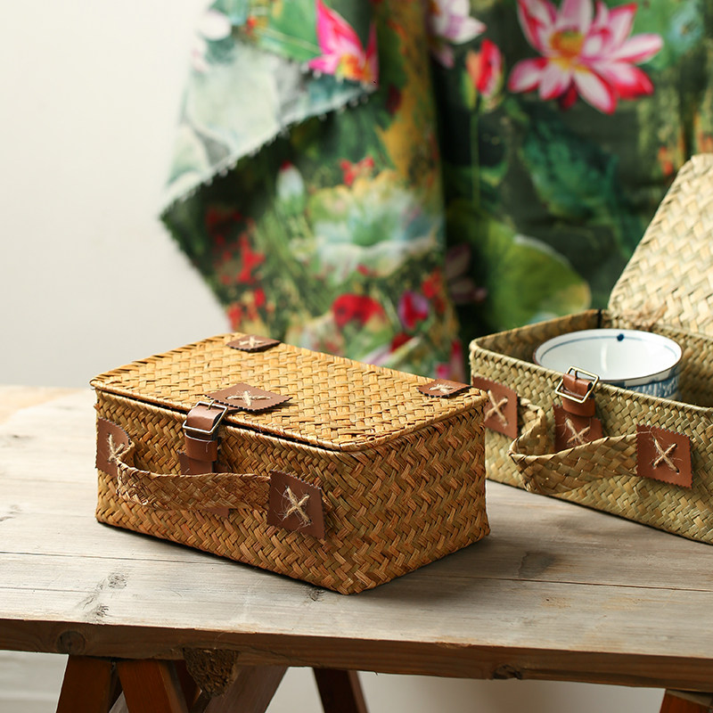 海草手工草编收纳盒复古编织桌面手提礼品盒田园风礼盒带盖储物盒