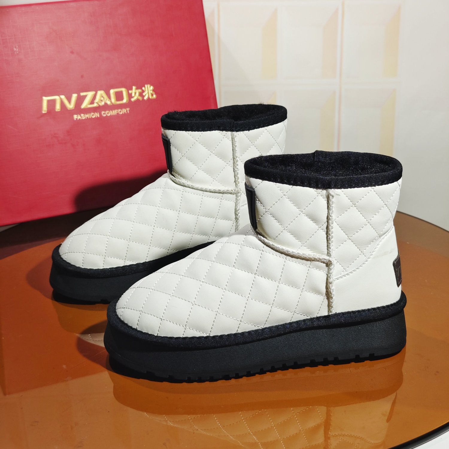 女兆家341314R羊皮羊毛断码清仓撤柜外贸时装靴撞色雪地靴防滑