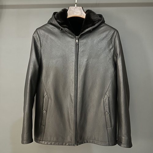 男士皮衣真皮头层山羊皮加厚水貂内胆休闲连帽皮夹克冬季真皮外套