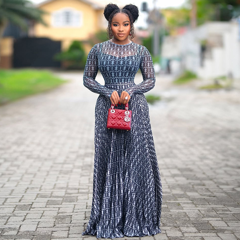 欧美风ins跨境女装包臀街头性感微透A字裙圆领印花显瘦长袖连衣裙