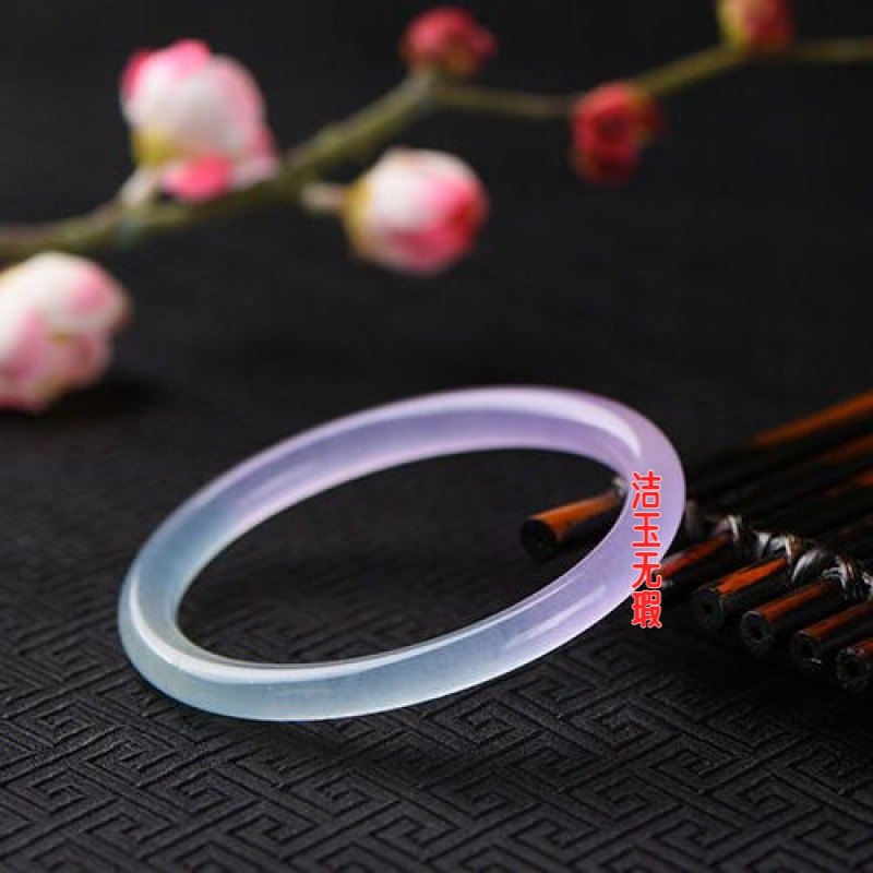 翡翠色紫罗兰手镯冰种细圆条手镯玉石叮当镯子半紫半蓝女款镯子