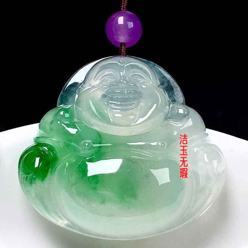 绿飘花佛公冰种吊坠高冰翡翠色吊坠100%弥勒佛进宝男女皆可