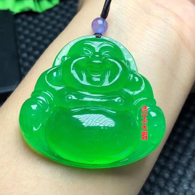 收级玉石翡翠色佛公吊坠高冰阳绿帝王绿满绿翡翠色弥勒佛玉挂件