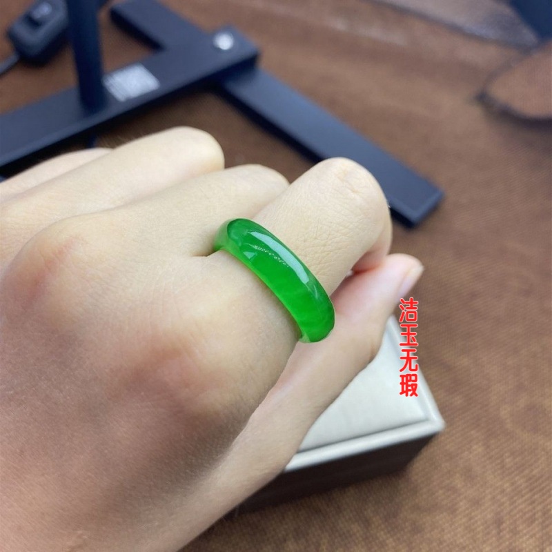 翡翠色货坑冰种满色帝王绿戒指指环男女玉石戒圈