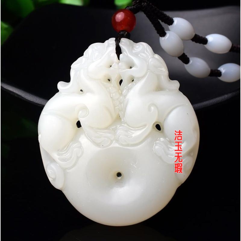 和田羊脂白色貔貅双兽吊坠项链挂件平安扣无事牌玉牌玉佩
