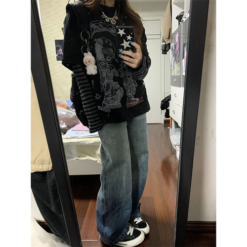 88up 美式复古假两件条纹拼接上衣男女y2k设计感印花高街长袖T恤