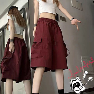 薄款 女夏季 美式 休闲中裤 酒红色工装 设计感高腰阔腿运动五分裤 短裤