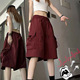 薄款 女夏季 美式 休闲中裤 酒红色工装 设计感高腰阔腿运动五分裤 短裤