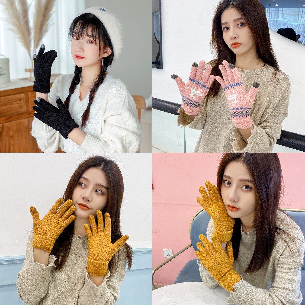 韩版女士保暖手套冬季可爱情侣针织毛线加厚触屏防寒学生骑车全指