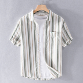 简约韩版 潮流百搭宽松休闲棉麻竹纤维男士 短袖 舒适春夏季 条纹衬衫