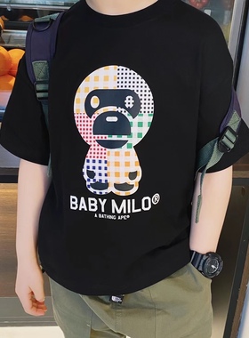 柚子爱kaka|儿童日系卡通格纹猴子男女童两色纯棉圆领短袖T恤