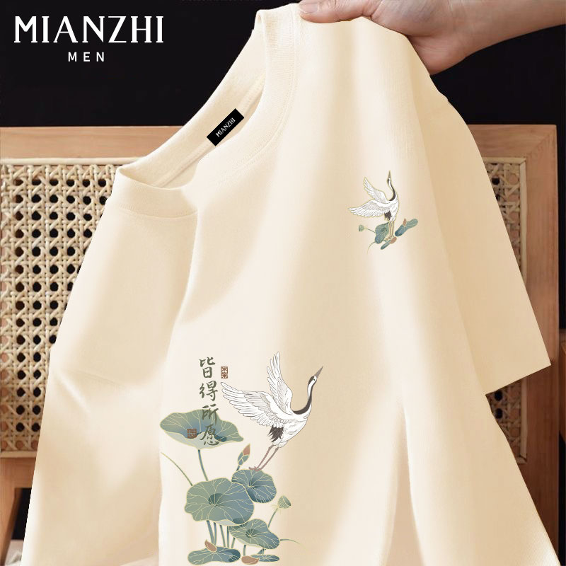 棉致国潮鹤米色纯棉短袖男款t恤宽松大码青少年2025夏季潮牌体恤