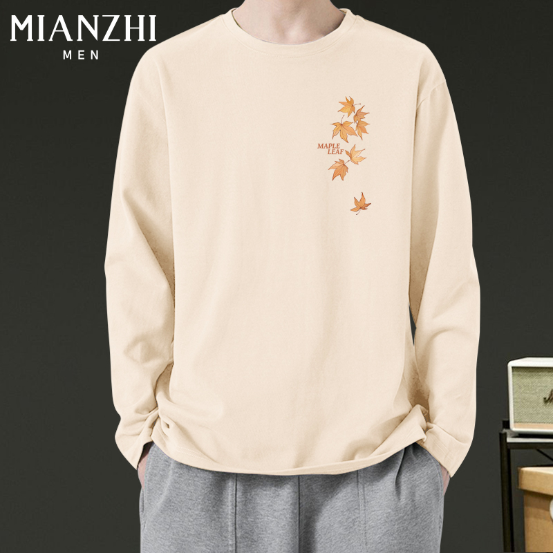 棉致设计感落叶趣味纯棉长袖男款t恤秋季宽松青少年新款潮流上衣
