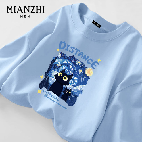 梵高油画小猫冰蓝色长袖t恤男秋