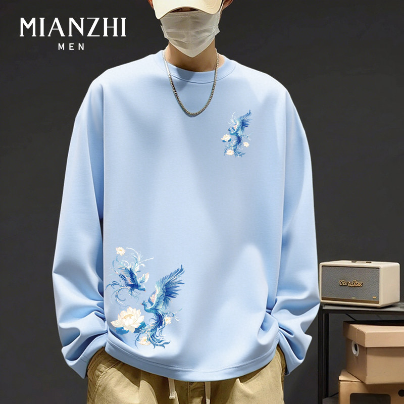 棉致国风潮流蓝羽凤凰纯棉长袖男款t恤秋季宽松青少年新款打底衫