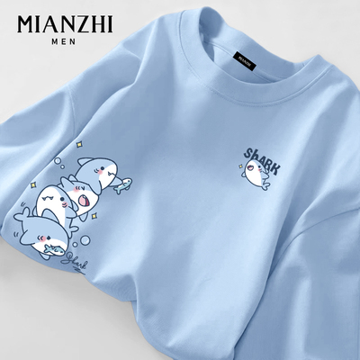 棉致小鲨鱼淡蓝色长袖t恤男春秋卡通青少年大码宽松潮牌情侣上衣