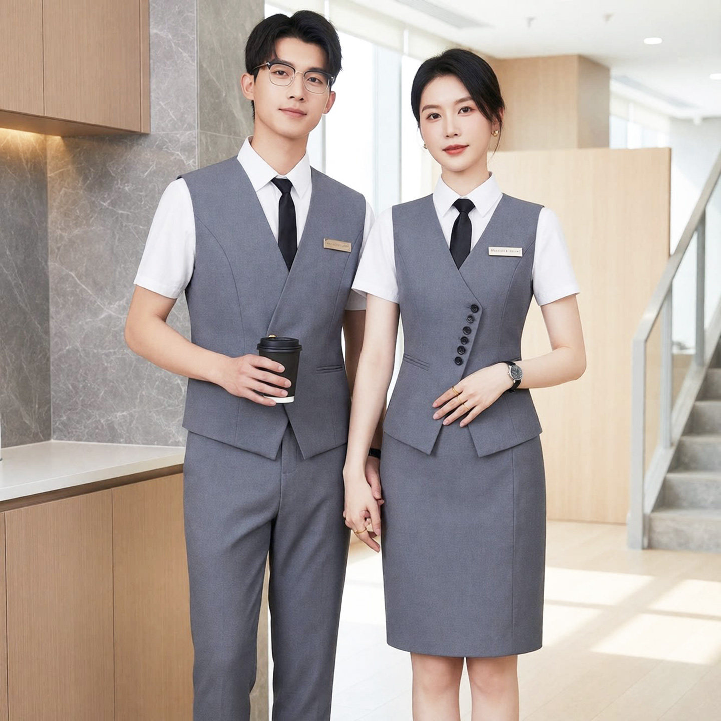 职业套装男女夏短袖KTV服务员工作服工装马甲酒店前台接待工作装
