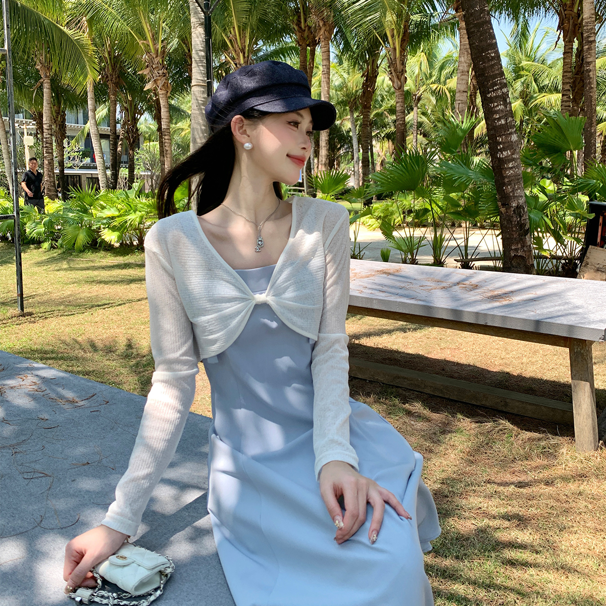 松本丧丧 白色简约针织衫短款百搭开衫上衣春季穿搭绑带外套女