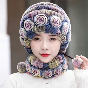 冬天真皮草獭兔毛帽子围巾新款加厚护耳保暖妈妈女中老年花朵元素