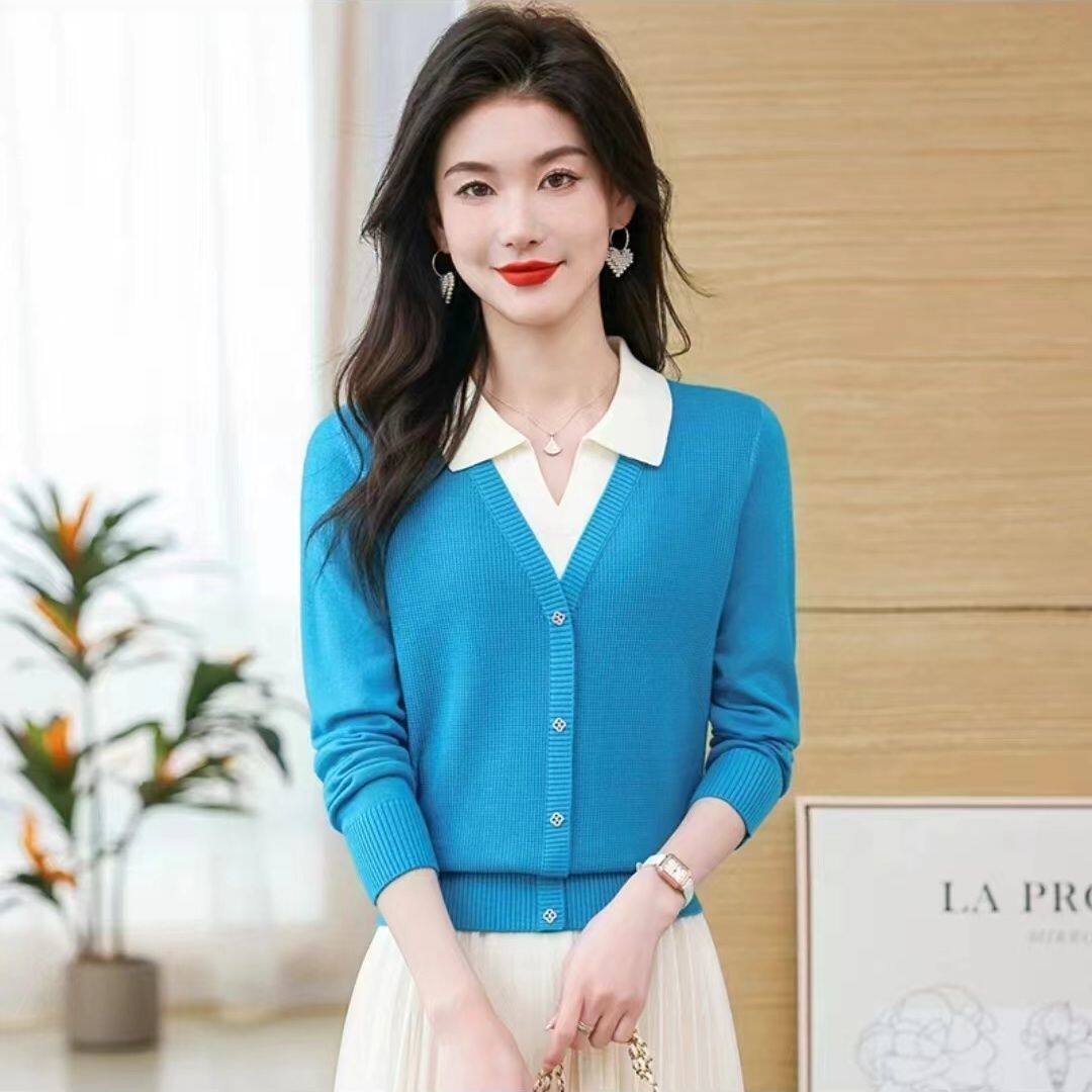 2025春秋款女装长袖打底衣时尚洋气毛衣宽松显瘦翻领假两件针织衫