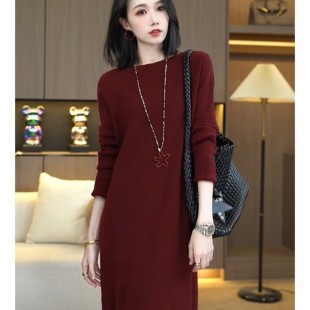 秋冬款 过膝毛衣裙女新 宽松内搭长裙高级氛围感针织打底裙圆领长袖