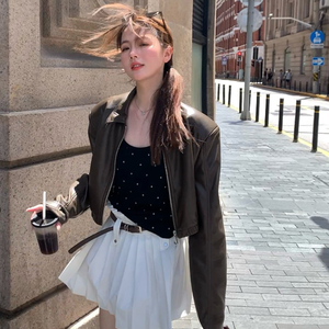 Hhh冉棕色皮衣女2024秋季新款穿搭短款PU皮衣外套女小个子高级感