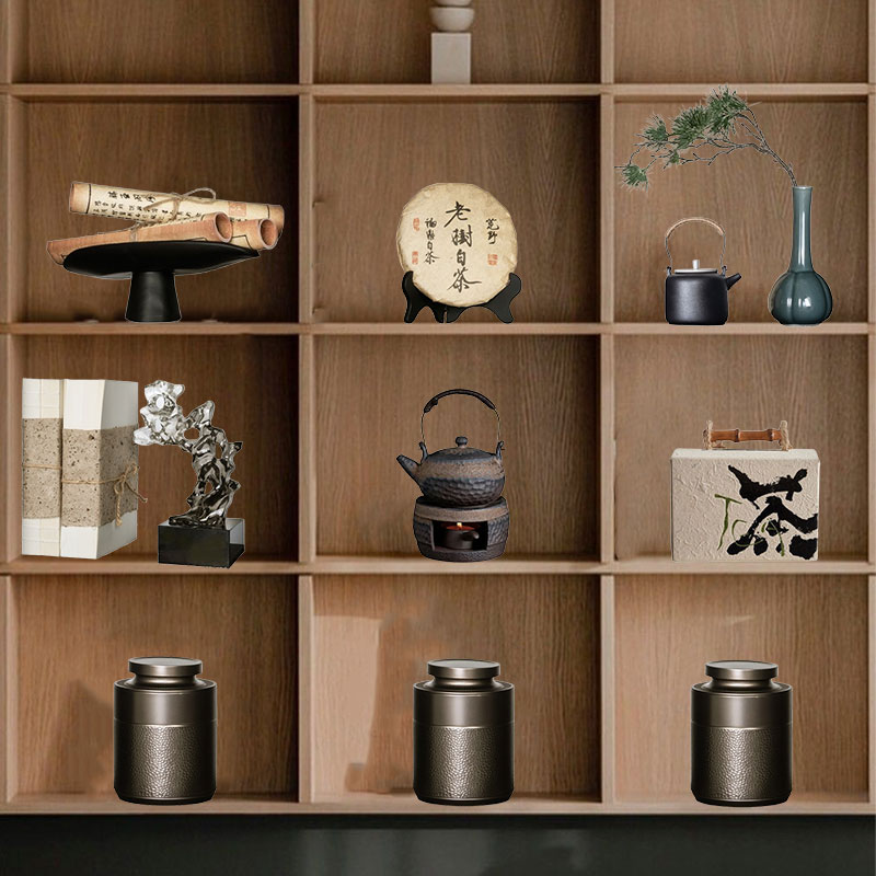 新中式茶室氛围布置摆件样板间展厅家居博古架茶饼茶叶罐茶盒装饰