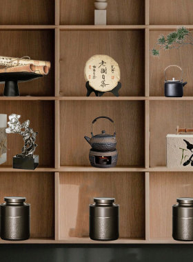 新中式茶室氛围布置摆件样板间展厅家居博古架茶饼茶叶罐茶盒装饰