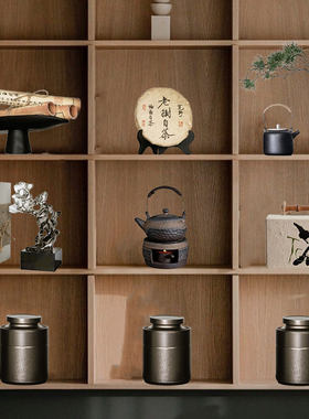 新中式茶室氛围布置摆件样板间展厅家居博古架茶饼茶叶罐茶盒装饰