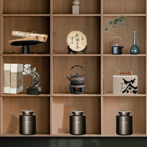 新中式茶室氛围布置摆件样板间展厅家居博古架茶饼茶叶罐茶盒装饰