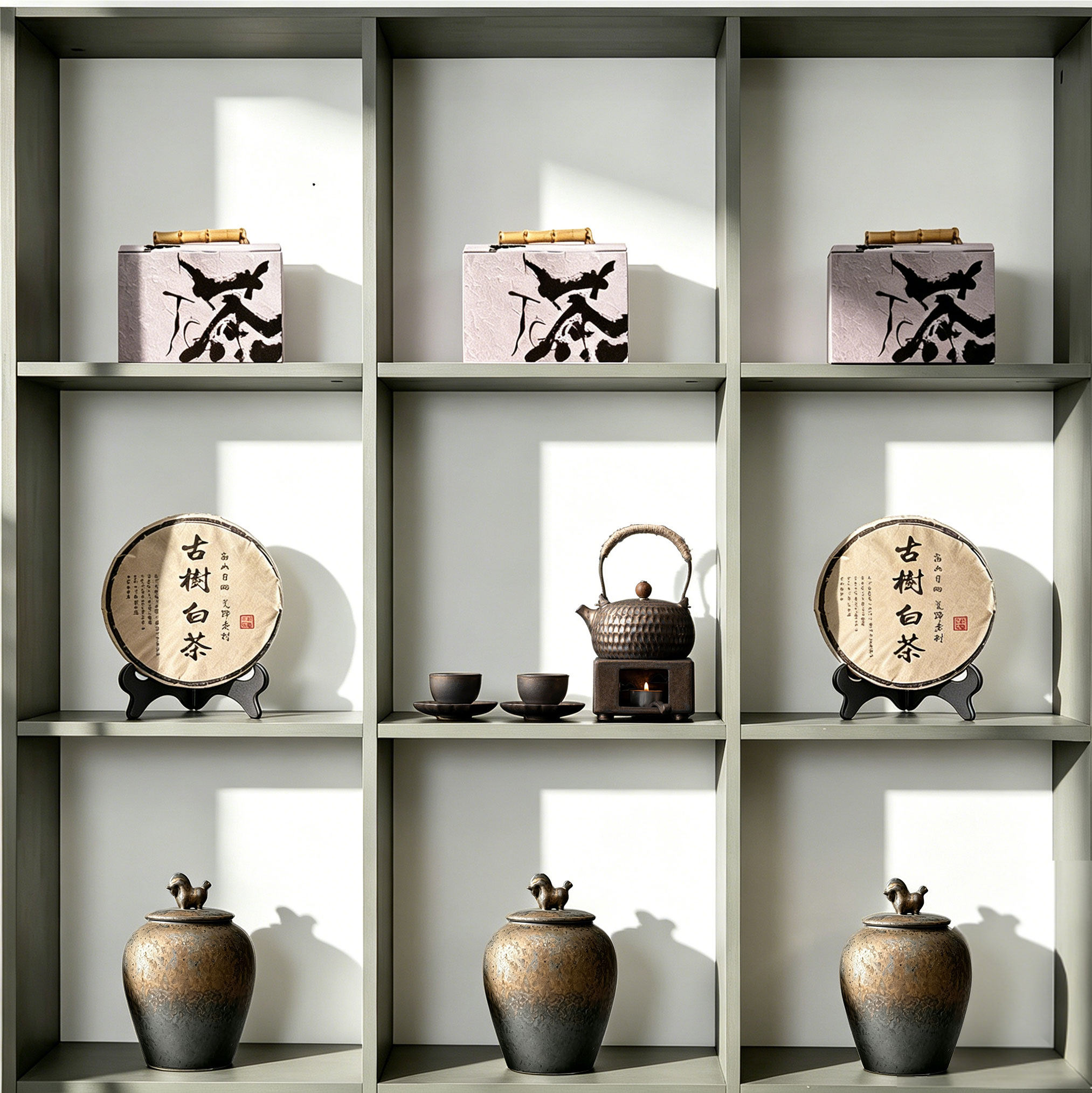 中式禅意茶空间博古架装饰摆件样板间茶室茶楼茶叶盒茶饼茶罐茶具