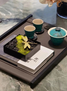 新中式样板间售楼处桌面茶具装饰品书房茶室氛围布置托盘茶杯摆件