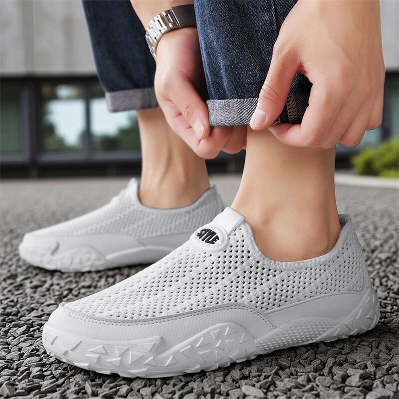 夏天透气网鞋男版单层网面运动鞋白色网布鞋无鞋带大网眼洞洞凉鞋