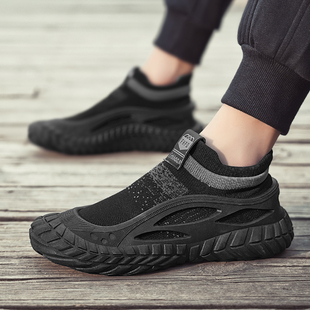 夏天男装针织运动鞋没鞋带青年不系带黑色飞织袜子鞋透气跑步波鞋