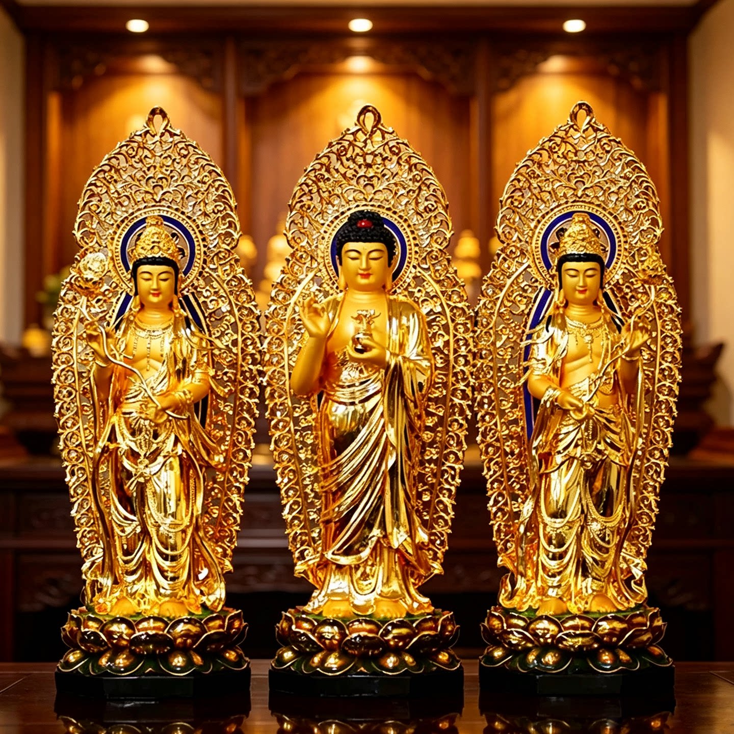 圆通佛具东方三圣佛像供奉纯铜鎏金西方三圣台湾日光月光菩萨药师