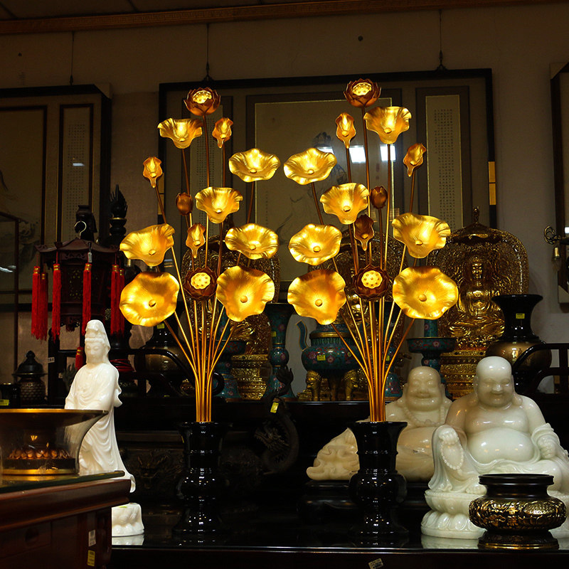 圆通佛具佛前鎏金莲花荷花供佛花佛堂寺庙大型仿真莲花一对莲花盆