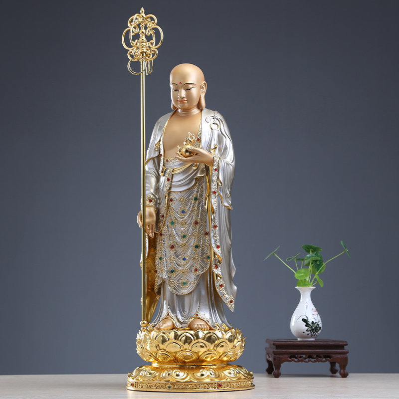 台湾纯铜银彩镶宝地藏王菩萨佛像
