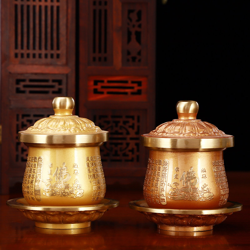 佛前水供杯供佛杯圣水杯纯铜带盖