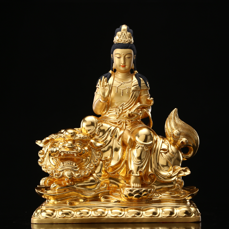 文殊普贤佛像供奉台湾铜贴金华严三圣 普贤菩萨 文殊菩萨像摆件