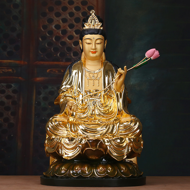 圆通佛具台湾纯铜鎏金大势至菩萨佛像坐像西方三圣大势至摆件家用