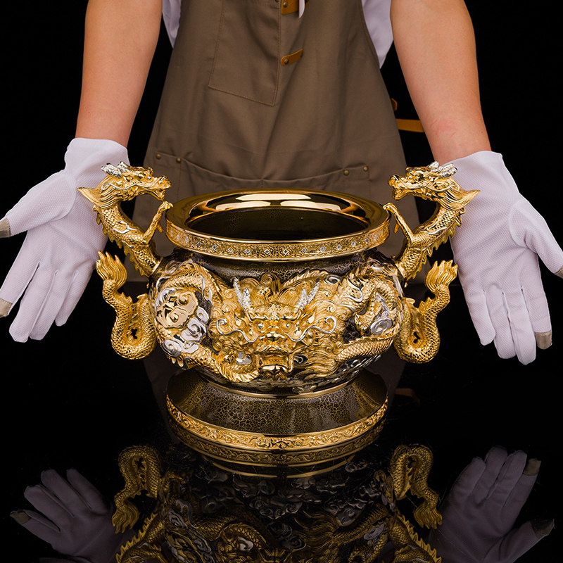 五龙香炉家用室内供佛双耳插香炉大号台湾盛凡铜鎏金檀香炉摆件