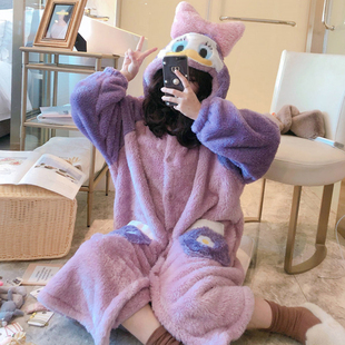 可爱珊瑚绒睡裙长袖加绒家居服加厚秋冬季套装保暖法兰绒女士睡衣