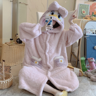 女士法兰绒睡衣 家居服保暖加厚两件套装 秋冬季 珊瑚绒睡裙可爱长袖