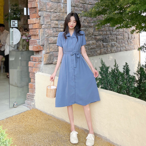 PS12923# 韩版女装法式气质宽松收腰显瘦蓝色衬衫裙中长款连衣裙 服装批发女装直播货源