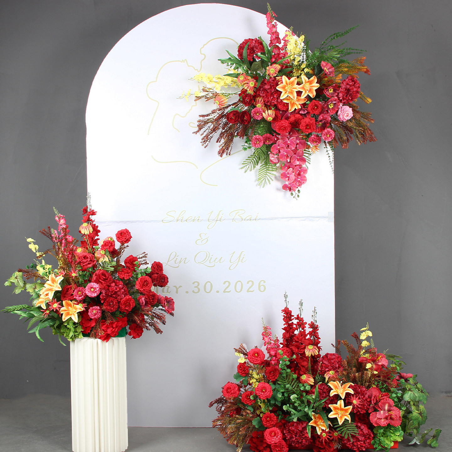 婚庆仿真花订婚假花婚礼布置红色地排花 舞台KT板装饰挂花路引花