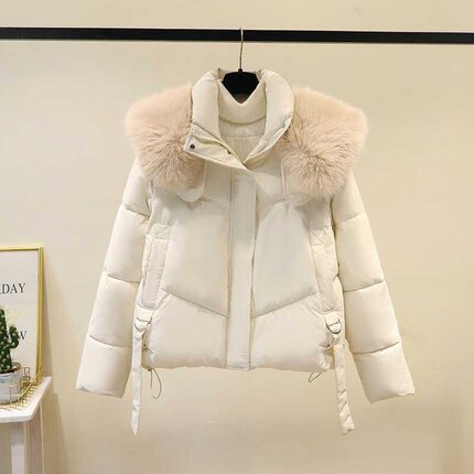 大毛领连帽羽绒棉服外套女小个子冬款短款飘带棉袄加厚面包服棉衣