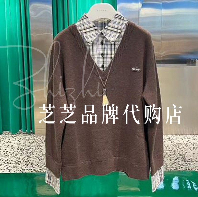 双皇冠专柜正品2025冬格纹拼接毛织针织上衣RL90601242原1599
